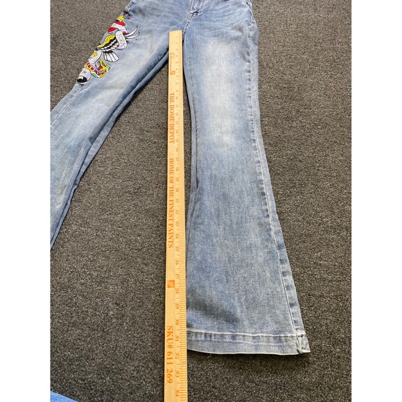 Ed Hardy Flare Blue Jeans Womens 26x32 Tattoo Graphic Embroidered Skull Grunge - Picture 5 of 12